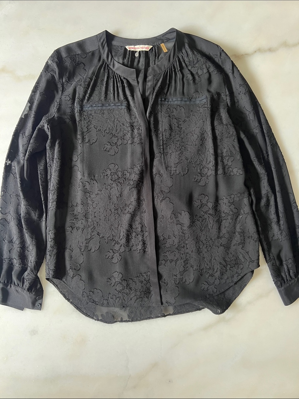 Rebecca Taylor Sz. 4 SheerBlack Floral Jacquard Long-Sleeve Blouse - Women's Top